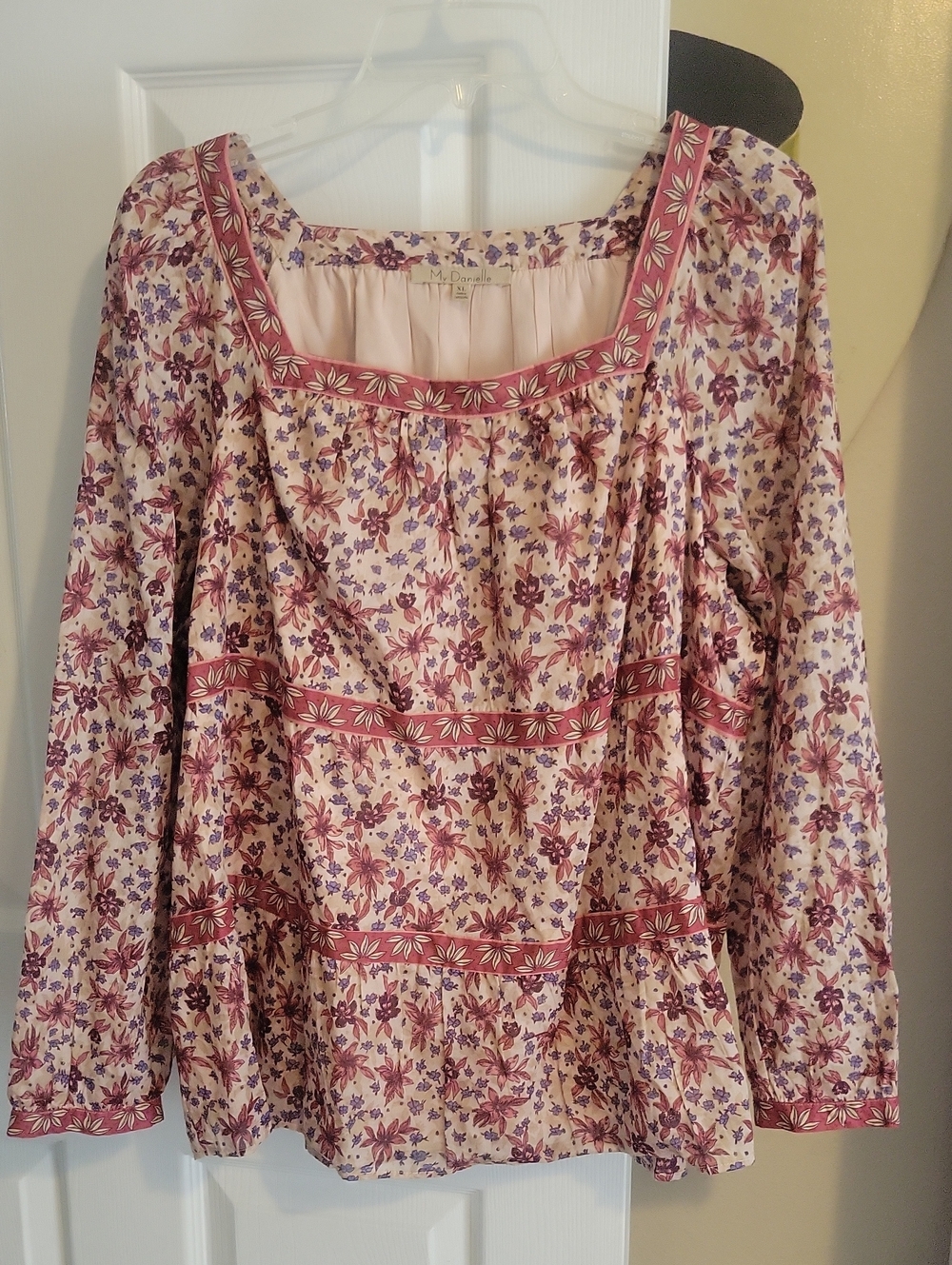 My Danielle XL Cottagecore Boho Floral Cream Pink Square Neckline Peasant Blouse